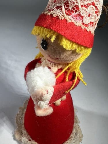 Vintage MCM Christmas Decor Ornament Angel Caroler Felt Cone Retro Doll Rare HTF - Thumbnail 8