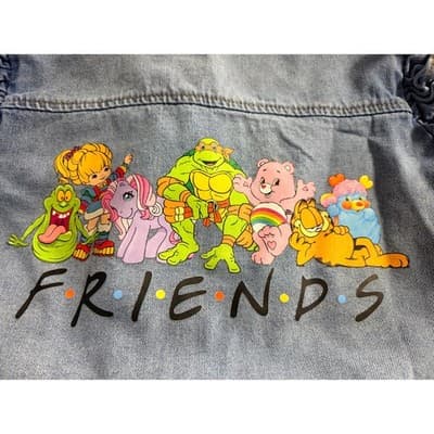 Veveret Upstyled 80's Friends Cartoon Graphic Ruffle Trim Jacket Blue Size Small - Thumbnail 3