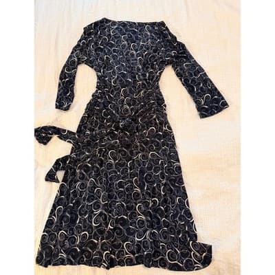 Kay’s Studio Tie Back Wrap Dress Black White Scroll Print Long Sleeve Size Small - Thumbnail 5