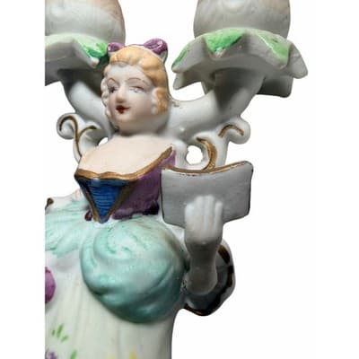 Candelabra 19th Century French Figural Porcelain Victorian Lady Candle Holder - Thumbnail 3