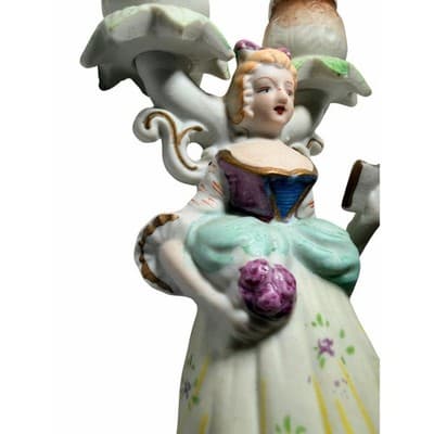 Candelabra 19th Century French Figural Porcelain Victorian Lady Candle Holder - Thumbnail 4