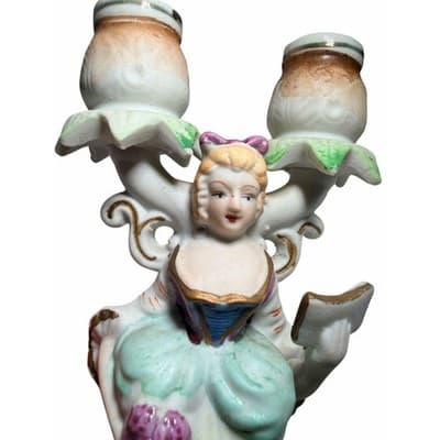 Candelabra 19th Century French Figural Porcelain Victorian Lady Candle Holder - Thumbnail 11