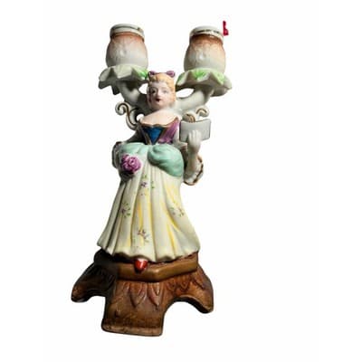 Candelabra 19th Century French Figural Porcelain Victorian Lady Candle Holder - Thumbnail 13