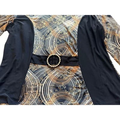 Stretch Three Quarter Length Sleeve Embellished Waist Top Black Gold Size 2 - Thumbnail 2