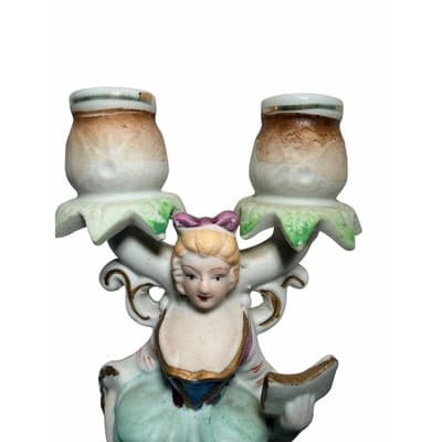 Candelabra 19th Century French Figural Porcelain Victorian Lady Candle Holder - Thumbnail 2