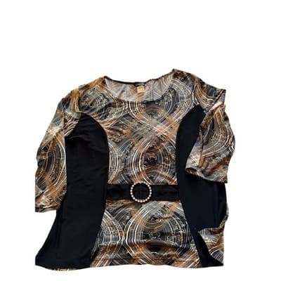 Stretch Three Quarter Length Sleeve Embellished Waist Top Black Gold Size 2 - Thumbnail 10