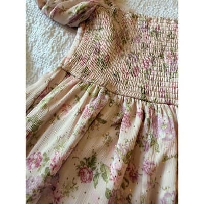 Jessica Simpson Floral Print Puff Sleeve Party Dress Pink Size Extra Small EUC - Thumbnail 11