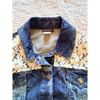 Venus Cropped Denim Jeans Jacket Lace Detail Button Up Blue Wash Size 10 EUC - Thumbnail 10