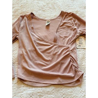 AVIA Women’s Wrap Front Long Sleeve Active Top Beige Ruched Stretch Size M NWT - Thumbnail 7