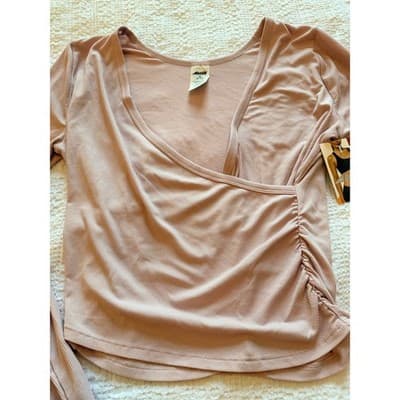 AVIA Women’s Wrap Front Long Sleeve Active Top Beige Ruched Stretch Size M NWT - Thumbnail 15