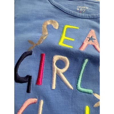Crown & Ivy Sea Girls Club Print Ruffle Peplum Long Sleeve Top Blue Size 4T - Thumbnail 6