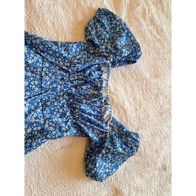 SHEIN Floral Print Square Neckline Puff Sleeves Midi Dress Blue White 2 - Thumbnail 5