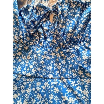 SHEIN Floral Print Square Neckline Puff Sleeves Midi Dress Blue White 2 - Thumbnail 8