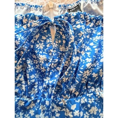 SHEIN Floral Print Square Neckline Puff Sleeves Midi Dress Blue White 2 - Thumbnail 6