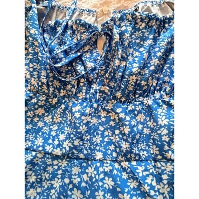 SHEIN Floral Print Square Neckline Puff Sleeves Midi Dress Blue White 2 - Thumbnail 10
