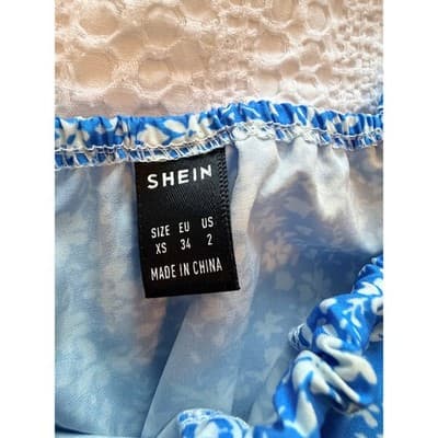 SHEIN Floral Print Square Neckline Puff Sleeves Midi Dress Blue White 2 - Thumbnail 7