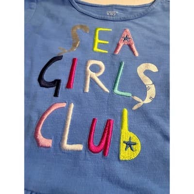 Crown & Ivy Sea Girls Club Print Ruffle Peplum Long Sleeve Top Blue Size 4T - Thumbnail 7