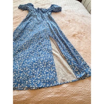 SHEIN Floral Print Square Neckline Puff Sleeves Midi Dress Blue White 2 - Thumbnail 3