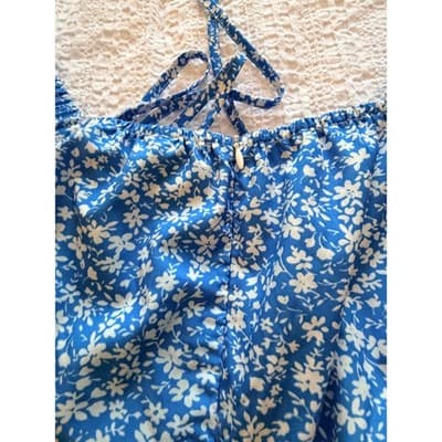 SHEIN Floral Print Square Neckline Puff Sleeves Midi Dress Blue White 2 - Thumbnail 11
