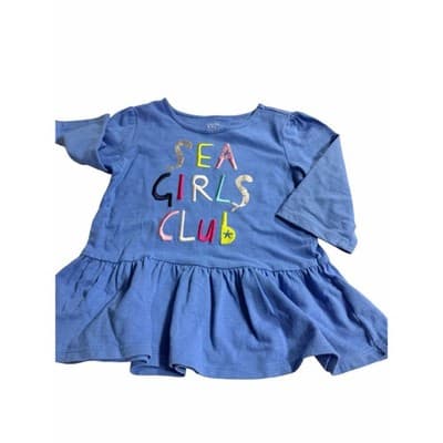 Crown & Ivy Sea Girls Club Print Ruffle Peplum Long Sleeve Top Blue Size 4T - Thumbnail 3