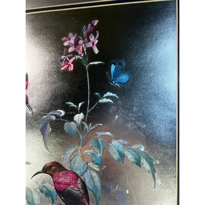 Large Foil Art Framed Vintage MCM Siver Nature Birds Butterfly Rena Hand Etched - Thumbnail 3