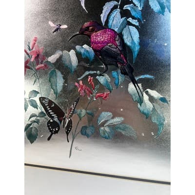 Large Foil Art Framed Vintage MCM Siver Nature Birds Butterfly Rena Hand Etched - Thumbnail 5