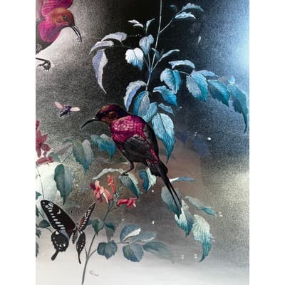 Large Foil Art Framed Vintage MCM Siver Nature Birds Butterfly Rena Hand Etched - Thumbnail 4