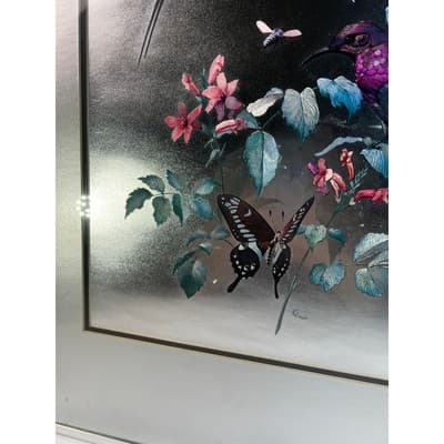 Large Foil Art Framed Vintage MCM Siver Nature Birds Butterfly Rena Hand Etched - Thumbnail 6