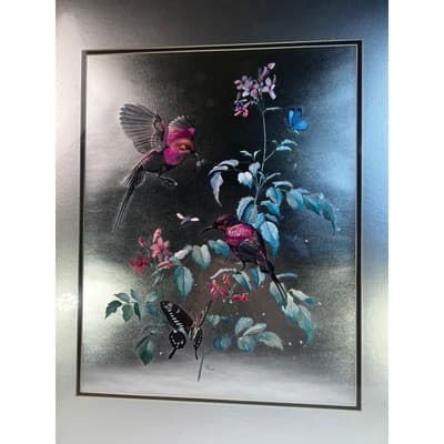 Large Foil Art Framed Vintage MCM Siver Nature Birds Butterfly Rena Hand Etched - Thumbnail 2