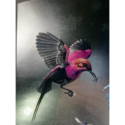 Large Foil Art Framed Vintage MCM Siver Nature Birds Butterfly Rena Hand Etched - Thumbnail 7