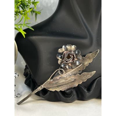 Vintage Jewelry Floral Leaves Flower Sterling Silver Brooch Pin 4" Art Deco - Thumbnail 6
