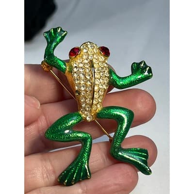 Vintage Jewelry Frog Toad Green Brooch Pin Gold Tone RARE 2.5" - Thumbnail 6