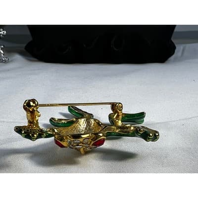 Vintage Jewelry Frog Toad Green Brooch Pin Gold Tone RARE 2.5" - Thumbnail 19