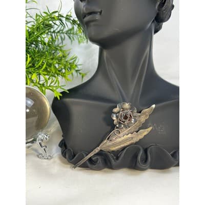Vintage Jewelry Floral Leaves Flower Sterling Silver Brooch Pin 4" Art Deco - Thumbnail 2