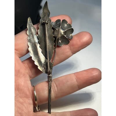 Vintage Jewelry Floral Leaves Flower Sterling Silver Brooch Pin 4" Art Deco - Thumbnail 11