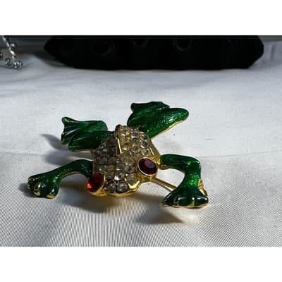 Vintage Jewelry Frog Toad Green Brooch Pin Gold Tone RARE 2.5" - Thumbnail 15