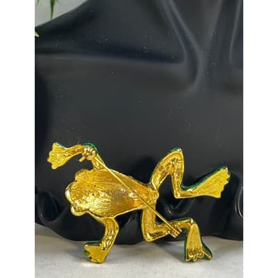Vintage Jewelry Frog Toad Green Brooch Pin Gold Tone RARE 2.5" - Thumbnail 5