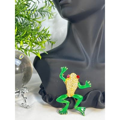 Vintage Jewelry Frog Toad Green Brooch Pin Gold Tone RARE 2.5" - Thumbnail 2
