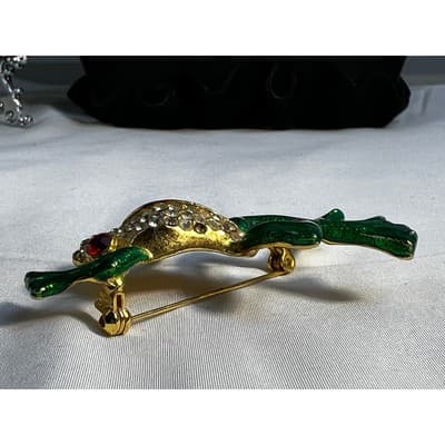 Vintage Jewelry Frog Toad Green Brooch Pin Gold Tone RARE 2.5" - Thumbnail 17