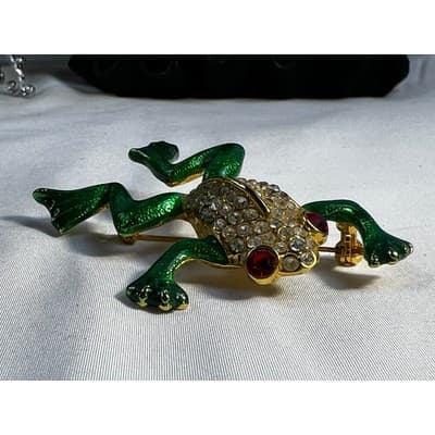Vintage Jewelry Frog Toad Green Brooch Pin Gold Tone RARE 2.5" - Thumbnail 14