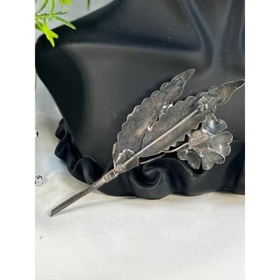 Vintage Jewelry Floral Leaves Flower Sterling Silver Brooch Pin 4" Art Deco - Thumbnail 7