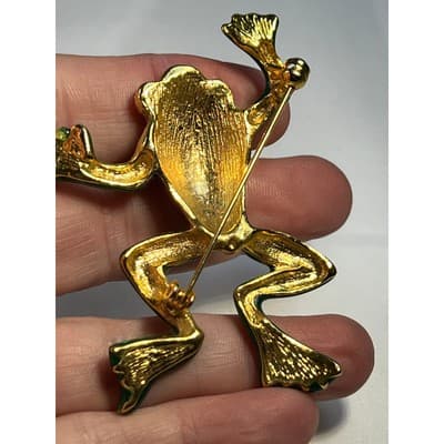 Vintage Jewelry Frog Toad Green Brooch Pin Gold Tone RARE 2.5" - Thumbnail 7