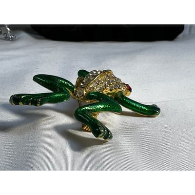 Vintage Jewelry Frog Toad Green Brooch Pin Gold Tone RARE 2.5" - Thumbnail 12
