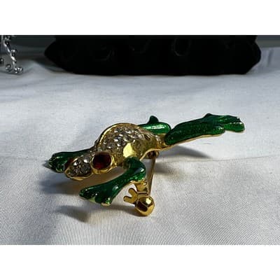 Vintage Jewelry Frog Toad Green Brooch Pin Gold Tone RARE 2.5" - Thumbnail 16