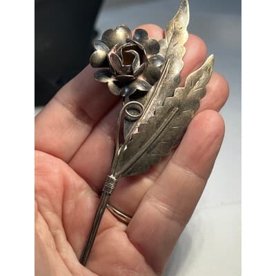 Vintage Jewelry Floral Leaves Flower Sterling Silver Brooch Pin 4" Art Deco - Thumbnail 10