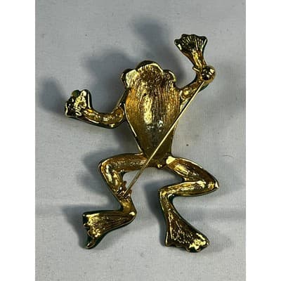 Vintage Jewelry Frog Toad Green Brooch Pin Gold Tone RARE 2.5" - Thumbnail 9