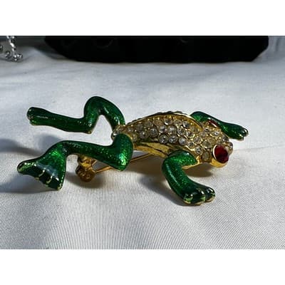 Vintage Jewelry Frog Toad Green Brooch Pin Gold Tone RARE 2.5" - Thumbnail 13