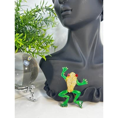 Vintage Jewelry Frog Toad Green Brooch Pin Gold Tone RARE 2.5" - Thumbnail 3