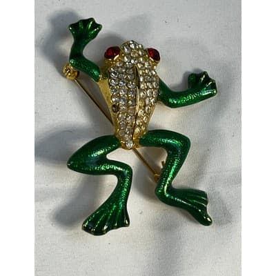 Vintage Jewelry Frog Toad Green Brooch Pin Gold Tone RARE 2.5" - Thumbnail 8