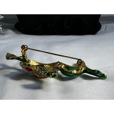 Vintage Jewelry Frog Toad Green Brooch Pin Gold Tone RARE 2.5" - Thumbnail 18